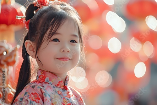 Little Girl Celebrating Chinese New Year in Traditional Festive Chinese Attire