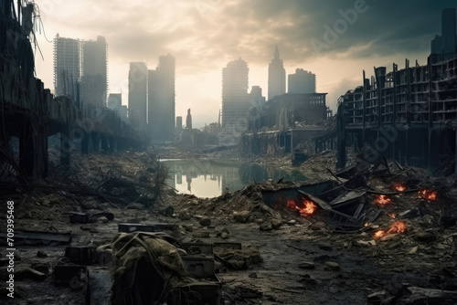 Post-apocalyptic cityscape with ruins, smoldering fires, and a dramatic sky.