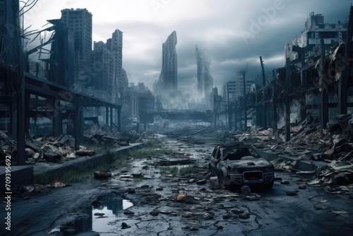 Post-apocalyptic cityscape with deserted streets and dilapidated buildings under a gloomy sky. photo
