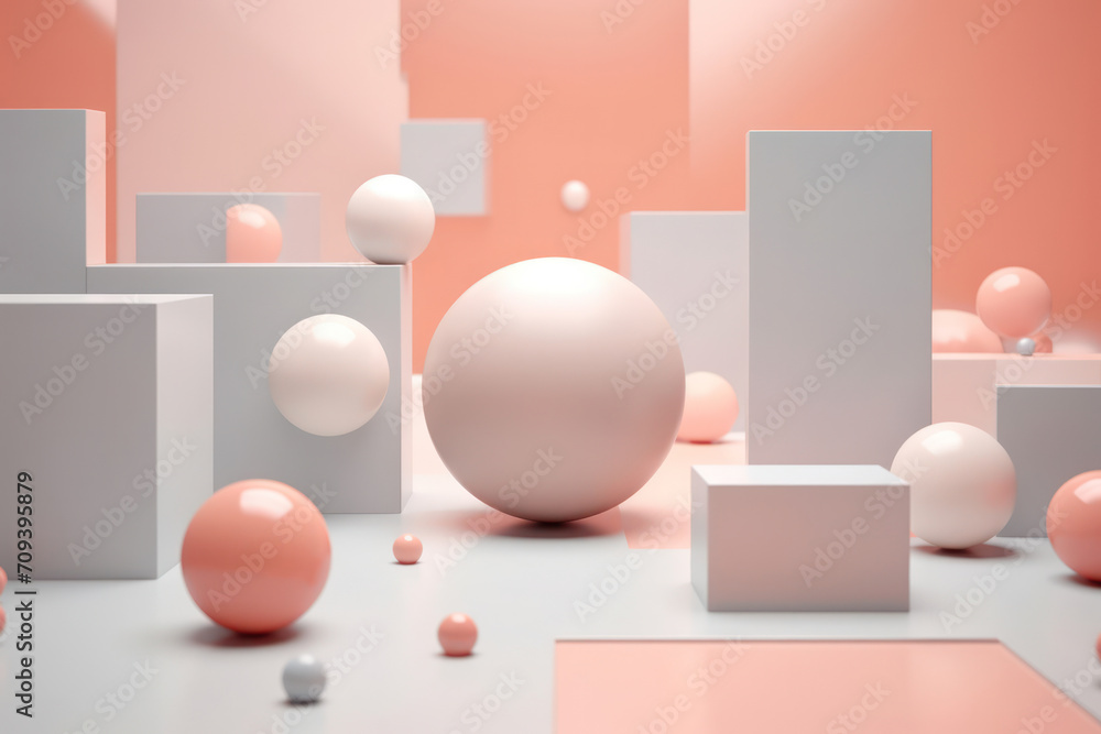 Abstract Geometric Shapes on Minimal White Background: Modern Design Illustration with Pastel Pink Podium and Blank Space Abstract Geometric Shapes on Minimal White Background: Modern Design Illustration with Pastel Pink Podium and Blank Space