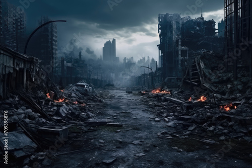 Apocalyptic cityscape with desolate streets, ruined buildings, and fires under a dark, ominous sky.