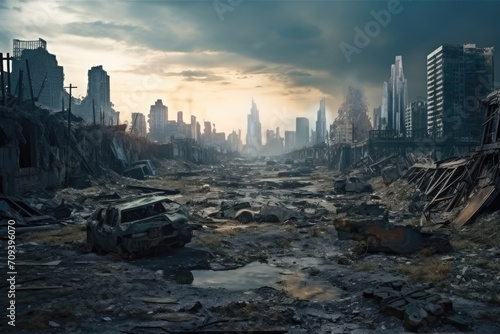 Apocalyptic cityscape with ruins and desolate buildings under a cloudy sky.