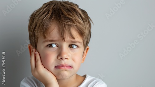 little boy presses hand to cheek, suffers from pain in tooth isolated on gray studio background. Teeth decay, dental problems, child emotions and facial expression photo