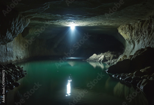 Hidden subterranean stream within a dim cavern