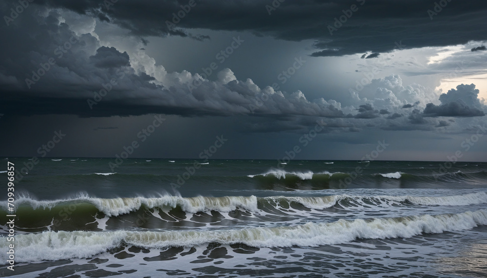 Dark storm clouds brewing over nighttime ocean waves create an epic maritime scene perfect for a brave sea adventurer's wallpaper.
