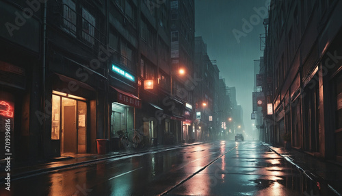 Shadowy road in futuristic urban dystopia under neon lights and rain