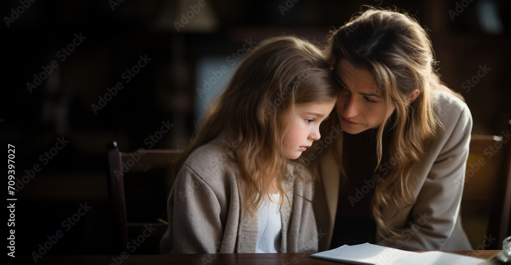A woman comforts a young upset girl 