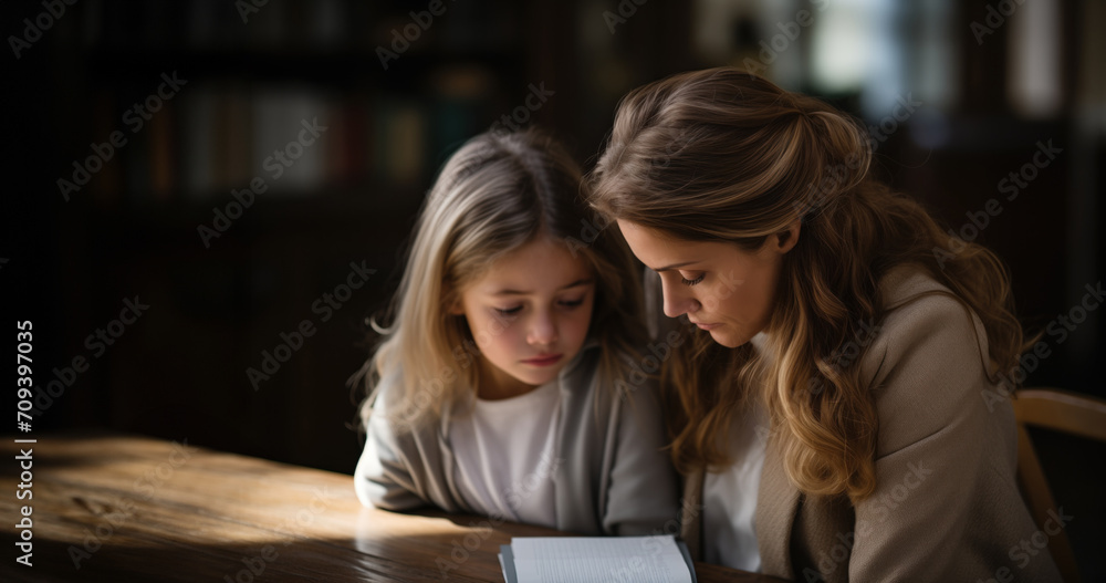 A woman comforts a young upset girl A woman comforts a young upset girl