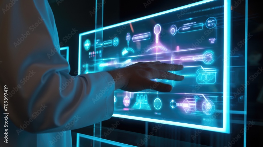 Fototapeta premium Up close shot of a doctors fingers selecting options on a 3D holographic display.