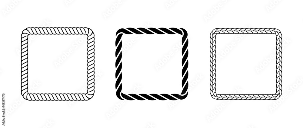 Rope frame set. Squared cord border collection. Rectangular rope loop pack. Chain, braid or plait border bundle. Square design elements for decoration, banner, poster. Vector decoration frames - obrazy, fototapety, plakaty 