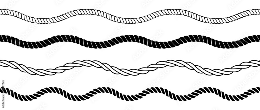 Wave rope set. Repeating hemp cord line collection. Waving chain, braid, plait stripe bundle. Seamless decorative plait pattern. Vector marine twine design elements for banner, poster, frame - obrazy, fototapety, plakaty 
