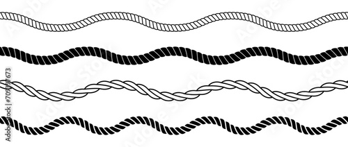 Wave rope set. Repeating hemp cord line collection. Waving chain, braid, plait stripe bundle. Seamless decorative plait pattern. Vector marine twine design elements for banner, poster, frame photo