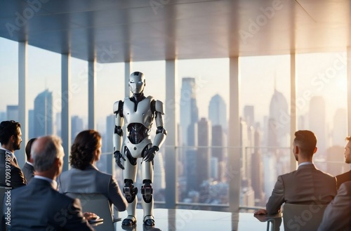 AI robot is leading a meeting presentation with several company directors, in a tall building, in the afternoon light