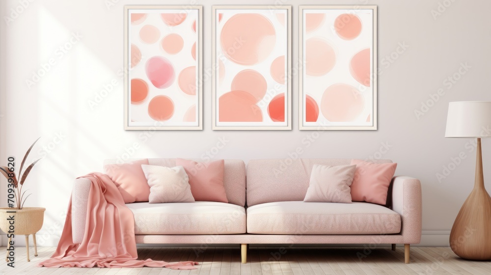 Fototapeta premium Living Room With Couch and Three Wall Paintings with circles. Pastel pink color.
