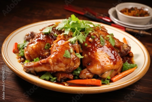 Teriyaki chicken in a clay bowl garnished with green onions