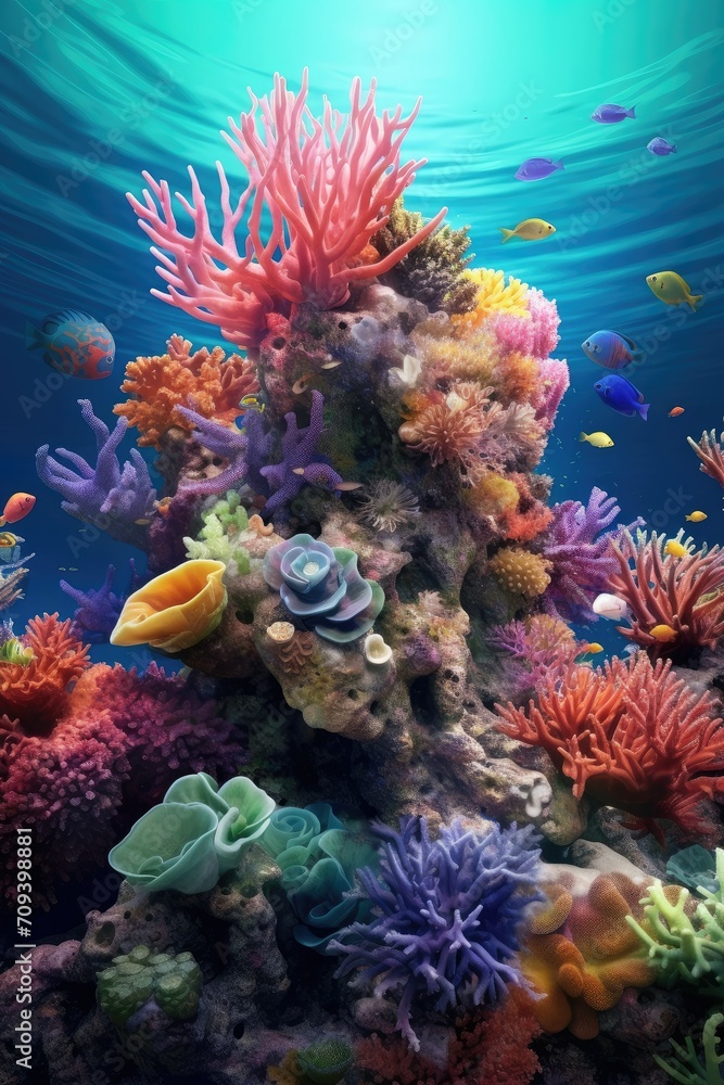 Fototapeta premium Beautiful coral reef. Underwater scene with fish, sea corals. Travel, recreation, snorkeling.