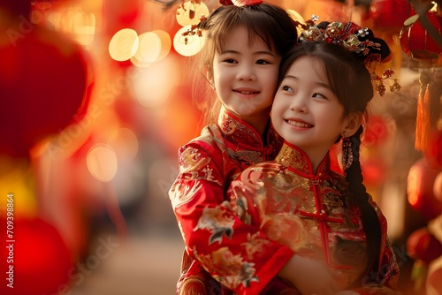 Little Girls Celebrating Chinese New Year in Traditional Festive Chinese Attire