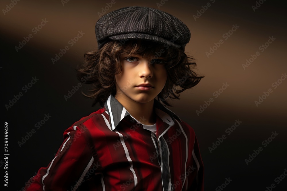 Portrait of a boy with curly hair in a cap and striped shirt. Portrait of a boy with curly hair in a cap and striped shirt.