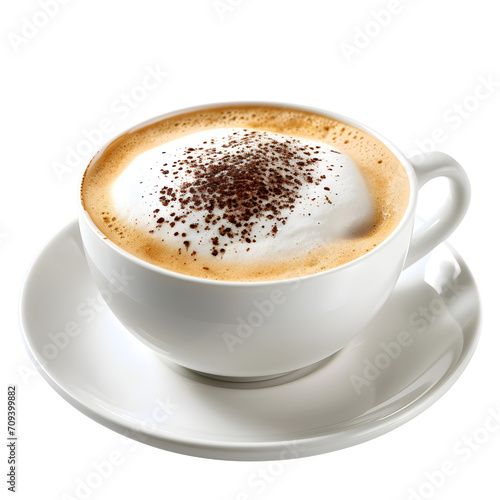Hot coffee cappuccino in ceramic cup isolated on transparent background.