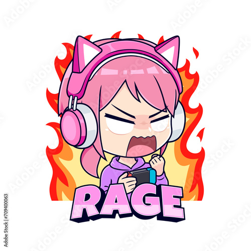 Gamer girl angry emotion cartoon character mascot logo vector