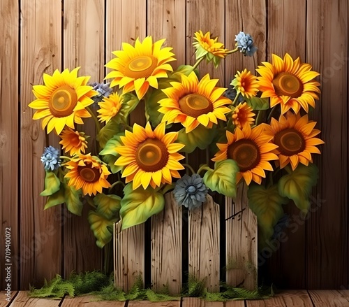 3d sunflowers on old wooden fence, vibrant colors