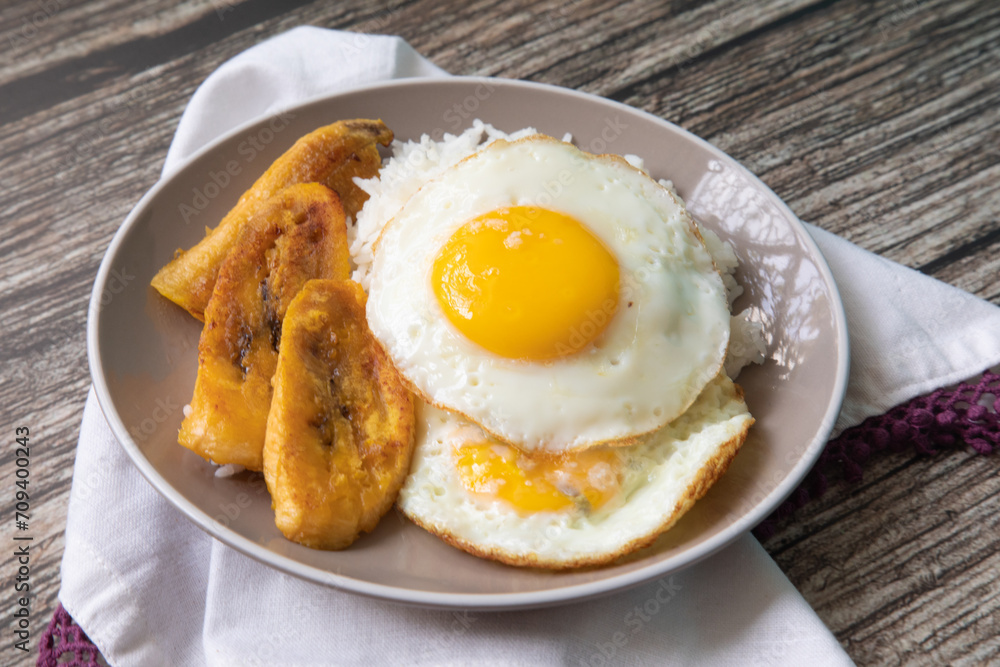 White rice with english fried egg and fried bananas cuban food simple comfort food White rice with english fried egg and fried bananas cuban food simple comfort food