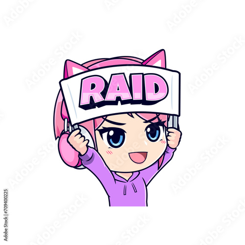 Gamer girl holding banner cartoon sticker mascot logo vector