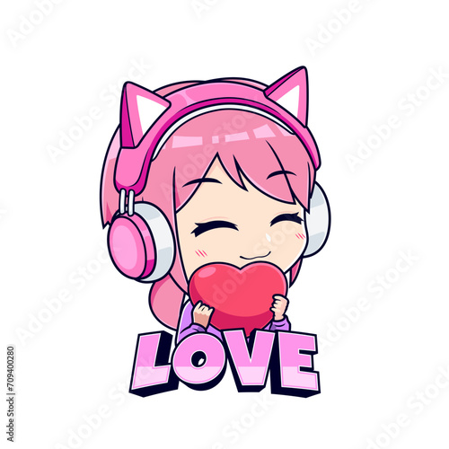 Anime gamer girl giving love sticker mascot logo