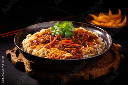 Black bowl with Chinese noodles, sauce, and parsley topping