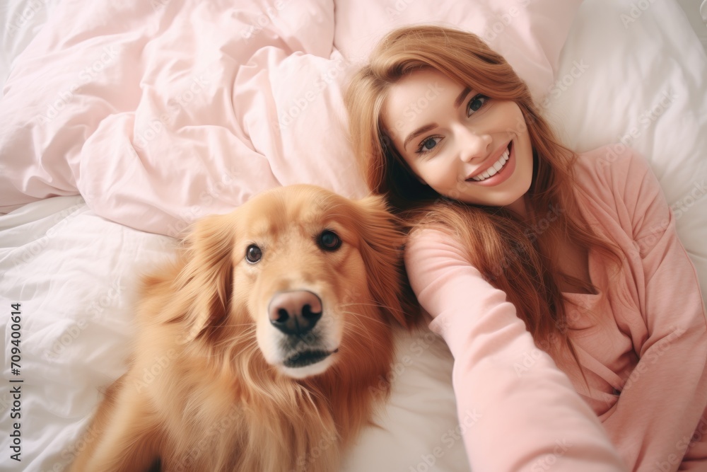 Woman taking a selfie with a golden retriever on the bed Woman taking a selfie with a golden retriever on the bed