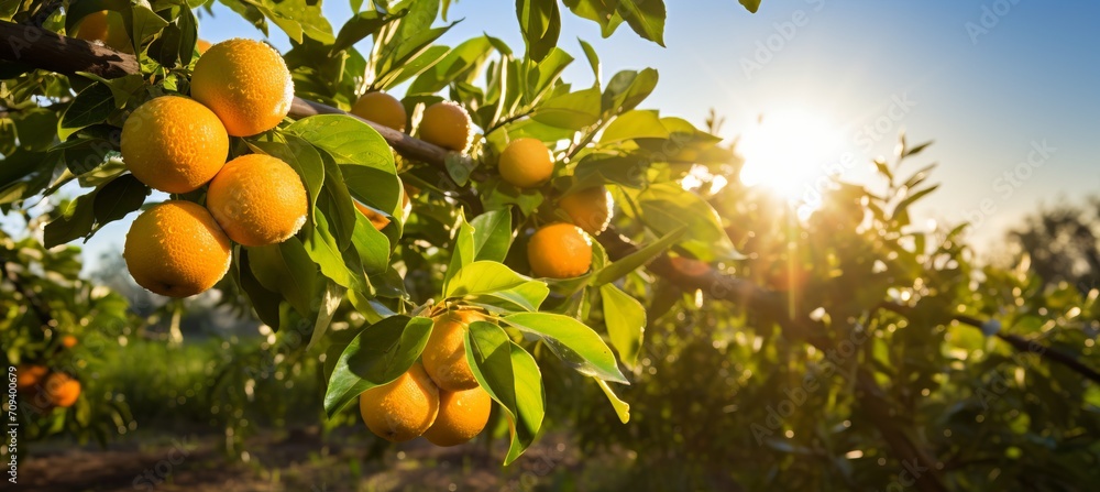 Organic citrus branches with ripe fresh oranges and tangerines growing in a sunny fruiting garden Organic citrus branches with ripe fresh oranges and tangerines growing in a sunny fruiting garden