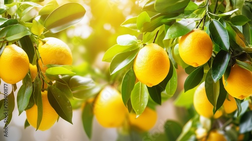 Organic ripe fresh lemons growing on citrus branches with green leaves in a sunny fruiting garden