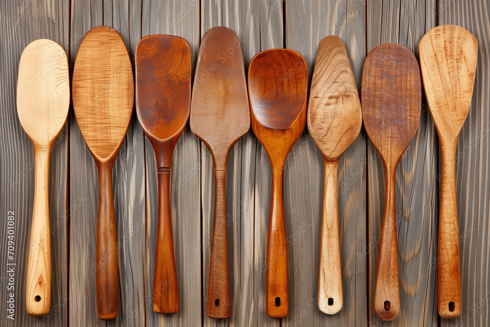 Collection of wooden spoons of various shapes, sizes, and colors displayed side by side Collection of wooden spoons of various shapes, sizes, and colors displayed side by side