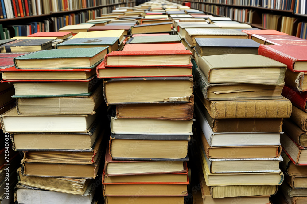 Obraz premium A large collection of books stacked horizontally in rows, showcasing an array of colorful spines and pages