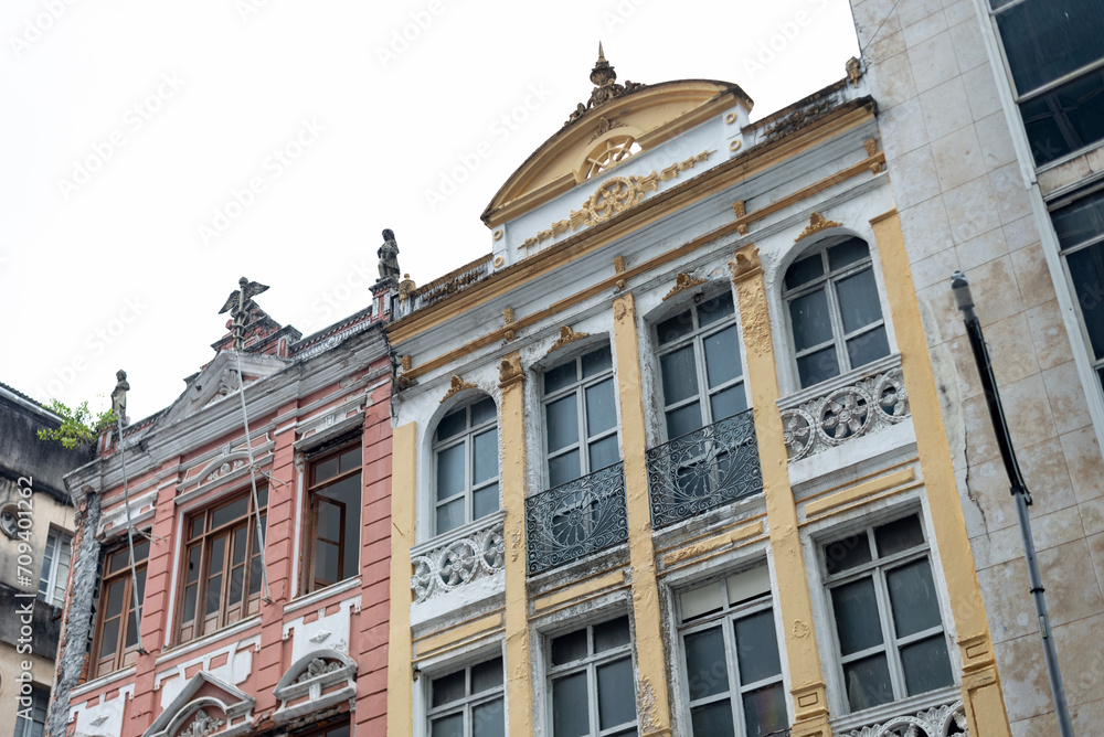 Facade of old buildings in the commercial district in the city of Salvador, Bahia.