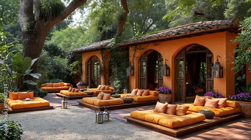 A cozy and elegant outdoor terrace with decorative elements in orange.