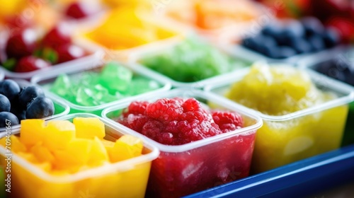 Closeup of a colorful silicone baby food freezer tray filled with individual portions of pureed fruits and vegetables. photo