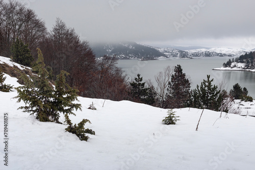 Lake of the springs of Aoos in the mountains (Epirus region, Greece) in winter on a cloudy day