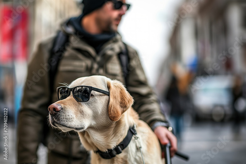 Man Walking Dog With Leash and Sunglasses, A Fun and Stylish Pet Outing