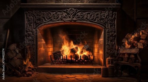 Glowing embers in a dark, mystical fireplace