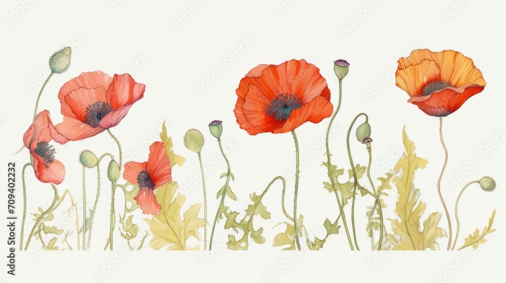 Naklejka premium Poppy flowers, watercolor. Generative AI