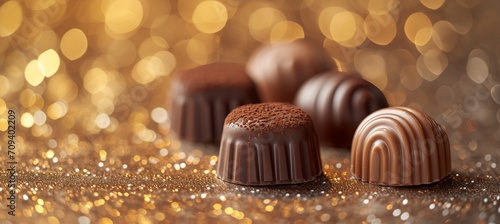 Assorted chocolates on blurred bokeh background with space for text, sweet candy treats