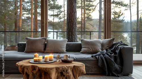 Sofa with grey cushions and tree stump coffee table with candles against window with forest view. Scandinavian home interior design of modern living room in chalet 