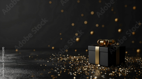 black background with gift box. banner with blank space for advertising. © Mr.PJ