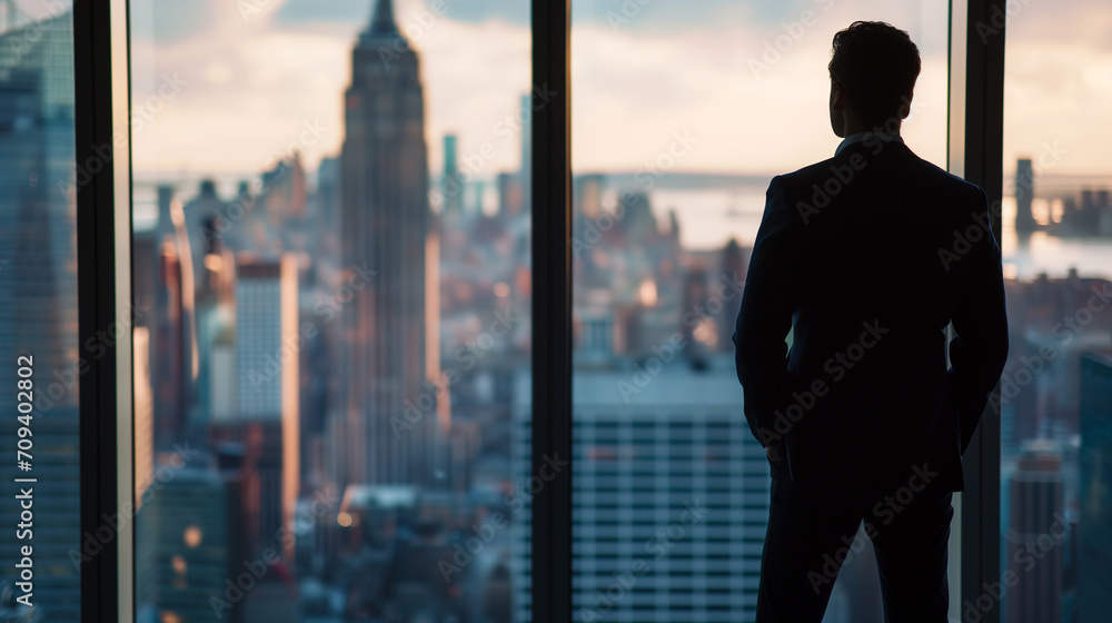 Businessman standing in office room on the Skyscraper in New York