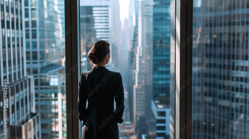Businesswoman standing in office room on the Skyscraper in New York Businesswoman standing in office room on the Skyscraper in New York