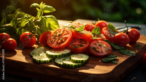 Sliced zucchini and cherry tomatoes on a kitchen board with soft light and macro lens photography