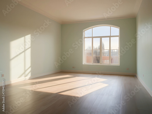 Spacious  Sunlit Room with Large Window and Polished Wooden Floor