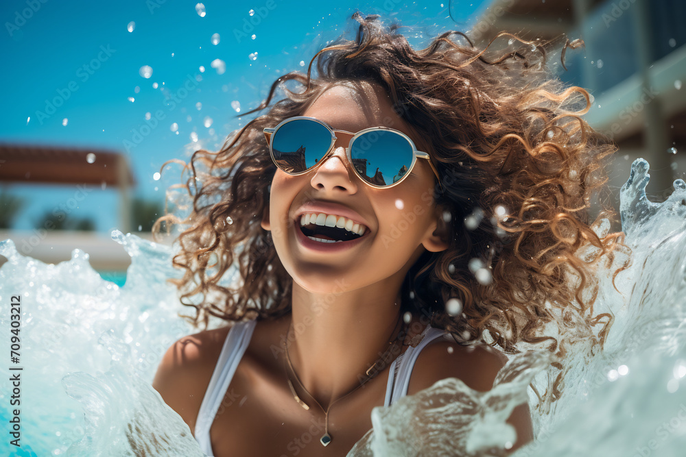 Joyful Young Woman Splashing Water in Pool with Sunglasses, Summer Fun and Vacation Lifestyle Concept