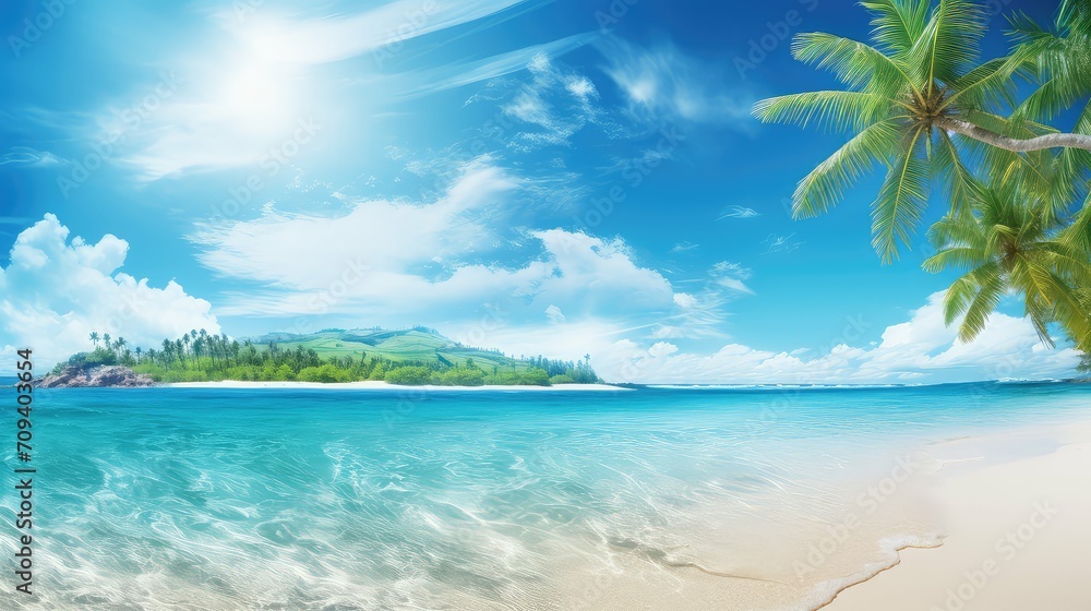 colorful design summer background illustration tropical beach, palm sun, sunshine waves colorful design summer background